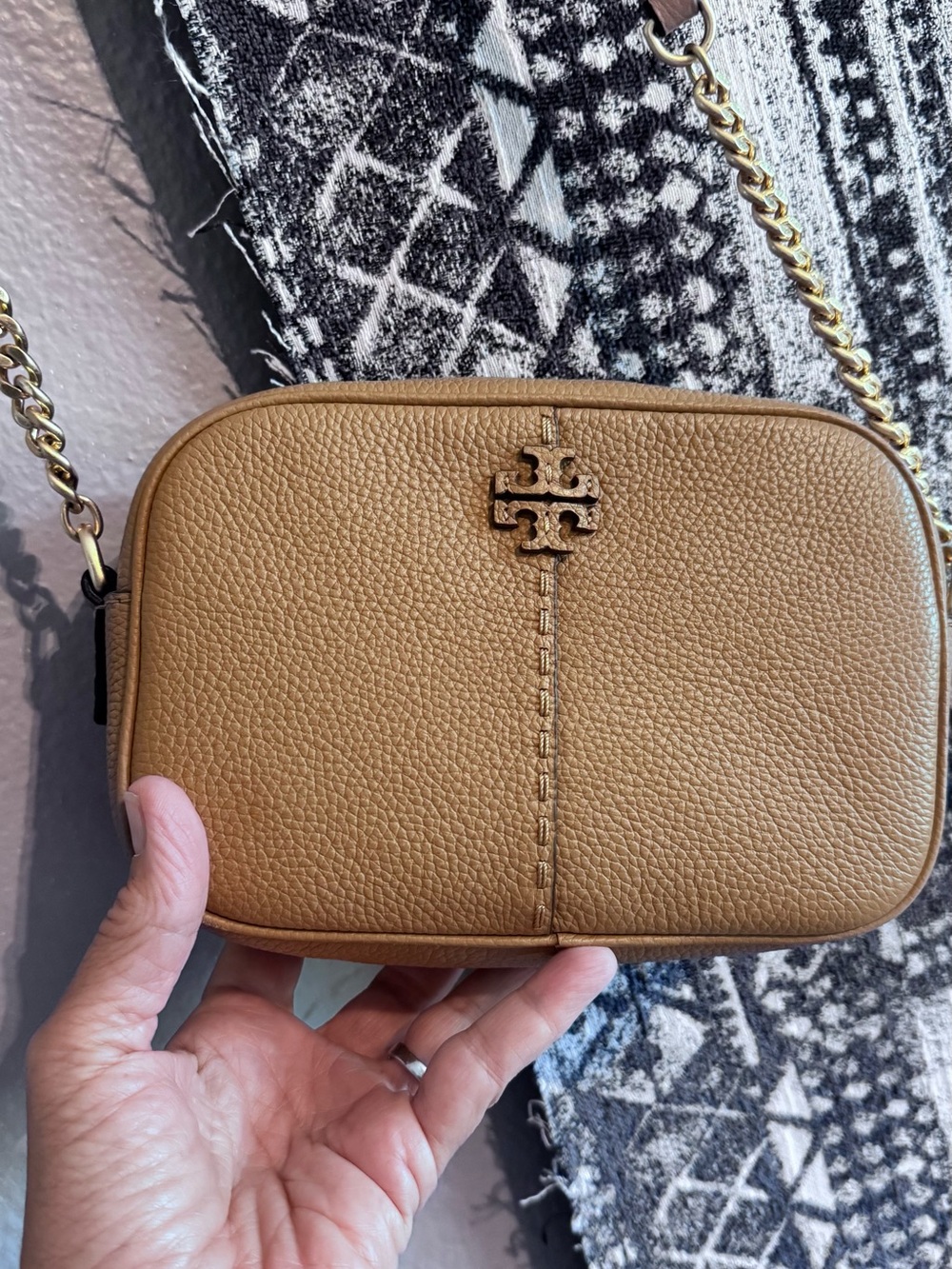 Tory Burch Camel/Tan Pebbled Leather Crossbody with Gold Logo